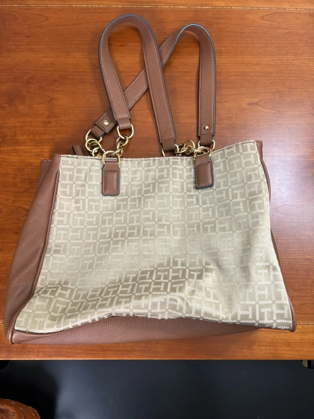 Tommy Hilfiger monogram chain strap tote bag in tan and beige